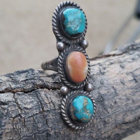Native American Turquoise Spiny Oyster Sterling Silver Ring Sz 7 - Picture 11 of 12
